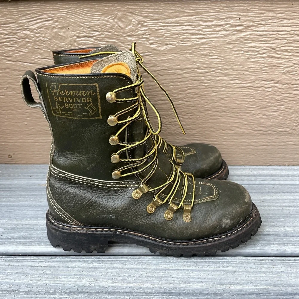Herman Survivor Vintage 60s Boots Size 5 M/W Green Leather Logger  Vibram Soles